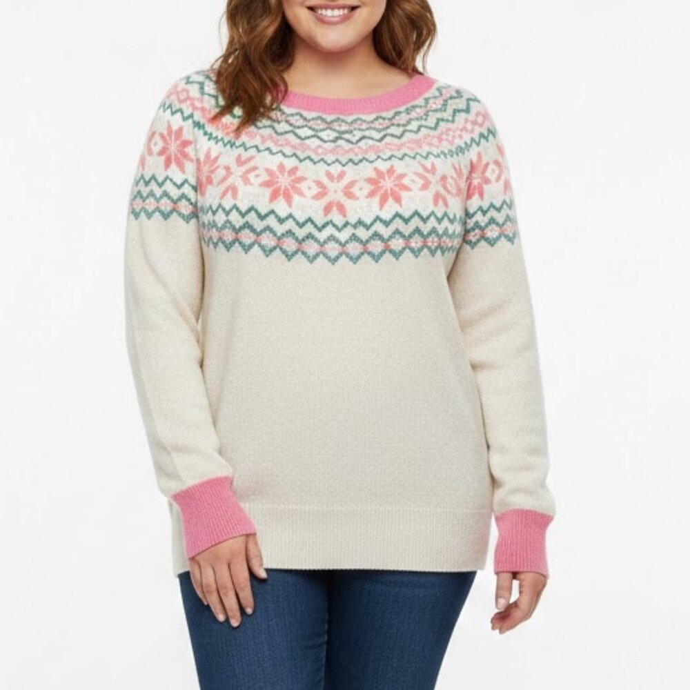 Holiday Time Pink Fair Isle Snowflake Sweater XXL Recycled Knit Shimmer